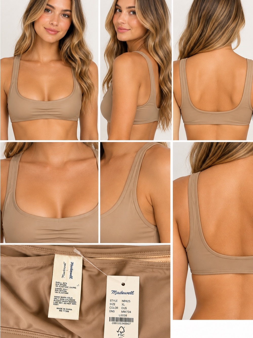 Madewell NWT XL Tan Nude Scoop Neck Bikini Swim Top Bralette
